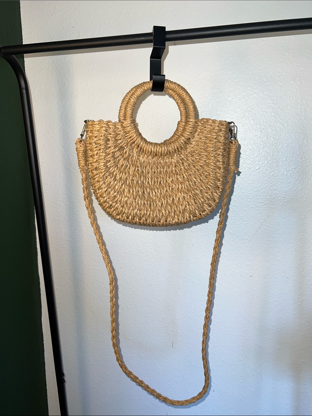 Woven Straw Circle-Handle Crossbody Bag - Natural